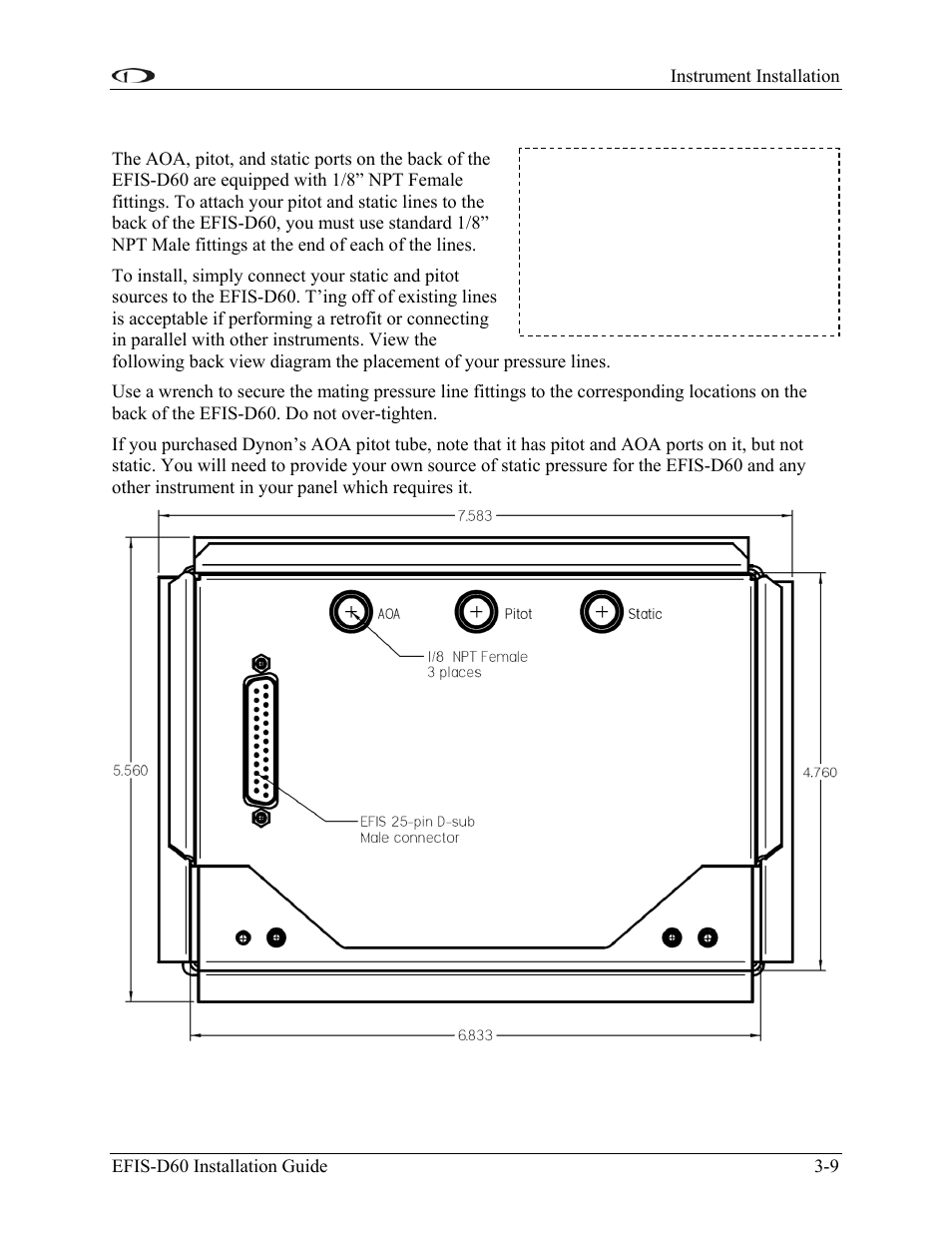 Instrument installation, Connecting static & pitot lines, Connecting static & pitot lines -9 | Dynon Avionics EFIS-D60 Installation Guide User Manual | Page 21 / 45