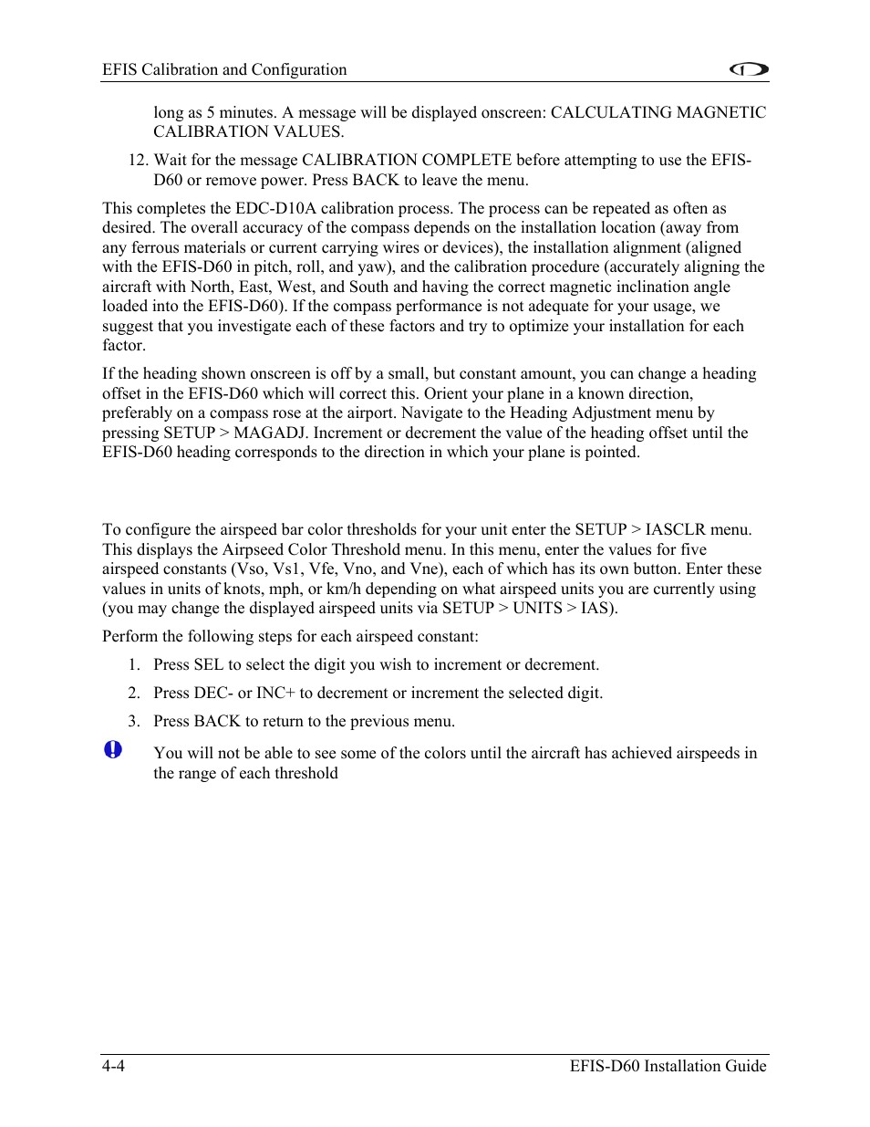 Efis calibration and configuration, Configure airspeed color thresholds, Configure airspeed color thresholds -4 | Dynon Avionics EFIS-D60 Installation Guide User Manual | Page 26 / 45
