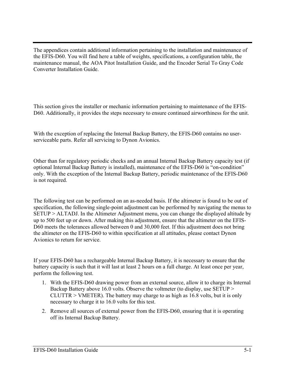 Introduction, Caution, Instructions for continued airworthiness | Altimeter check, Internal backup battery check, Appendix | Dynon Avionics EFIS-D60 Installation Guide User Manual | Page 27 / 45