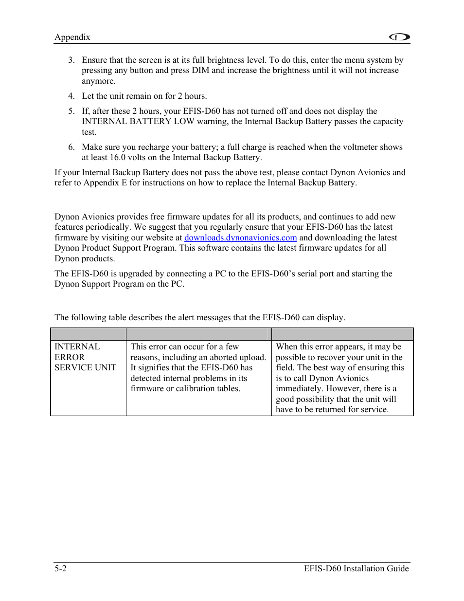 Firmware upgrade, Displayed alert messages | Dynon Avionics EFIS-D60 Installation Guide User Manual | Page 28 / 45