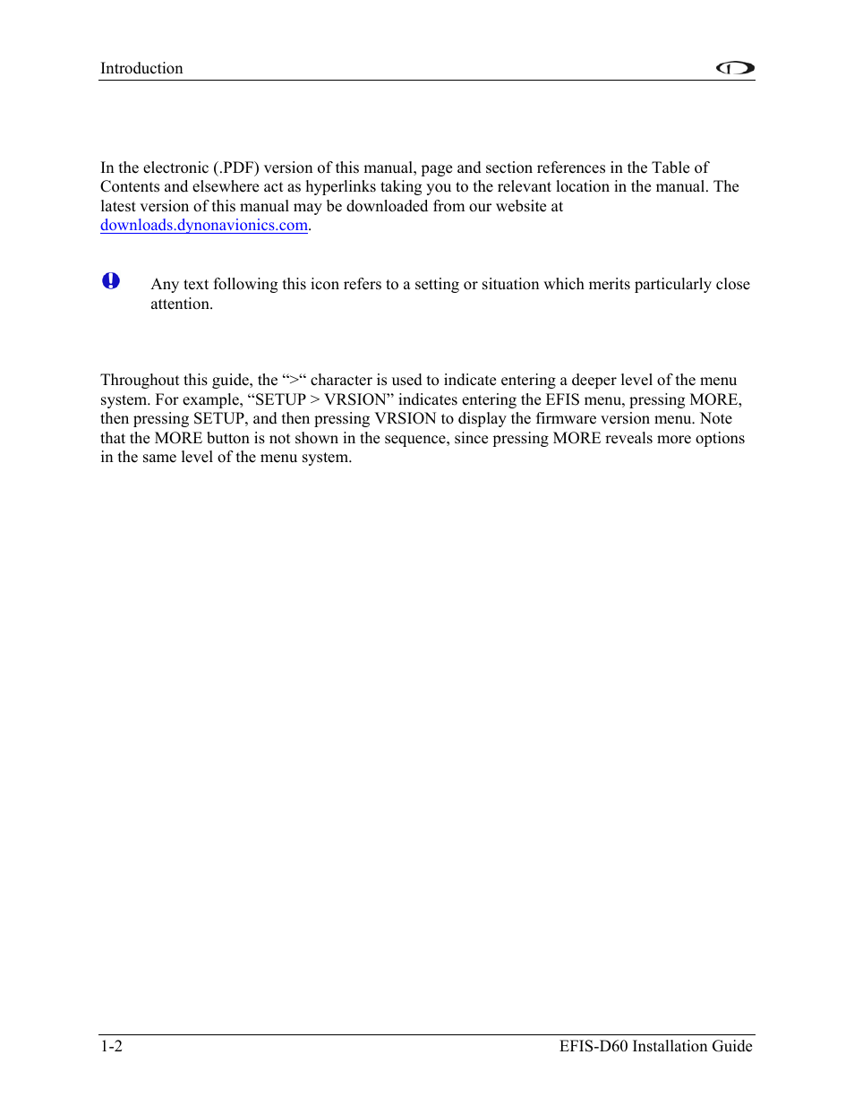 Introduction, About this guide, Menu descriptions | About this guide -2, Menu descriptions -2 | Dynon Avionics EFIS-D60 Installation Guide User Manual | Page 8 / 45