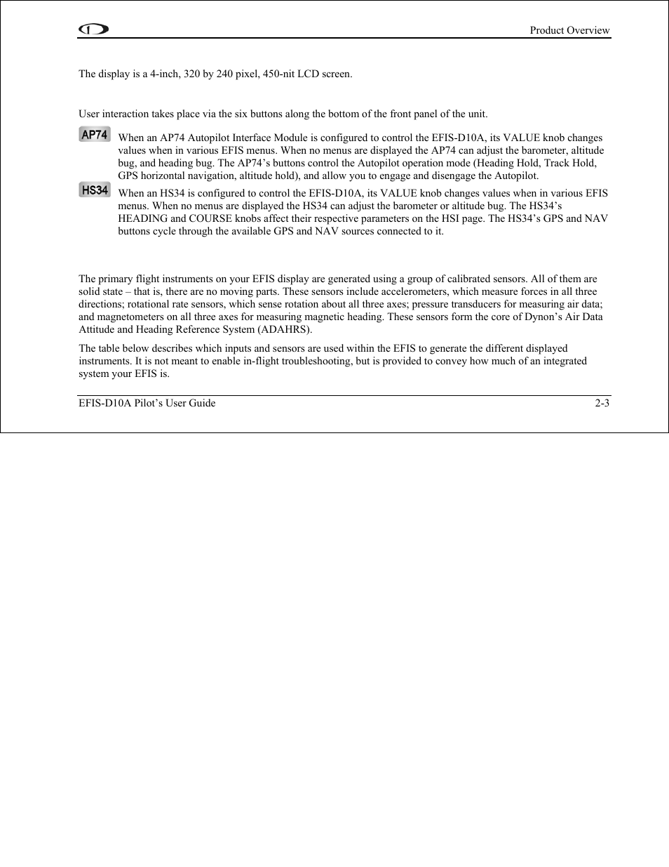 Display, Buttons and knobs, Adahrs operation | Adahrs operation -3 | Dynon Avionics EFIS-D10A Pilots Users Guide User Manual | Page 12 / 90