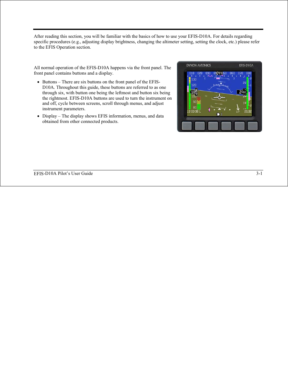 Product operation, Front panel layout, Front panel layout -1 | Dynon Avionics EFIS-D10A Pilots Users Guide User Manual | Page 15 / 90