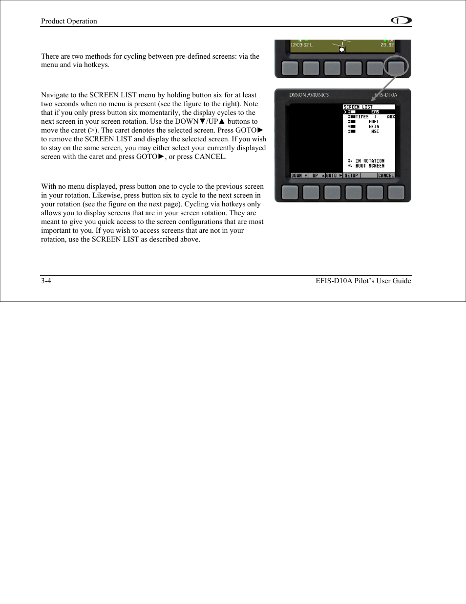 Cycling between screens, Screen cycling using the screen list, Screen cycling using hotkeys | Dynon Avionics EFIS-D10A Pilots Users Guide User Manual | Page 18 / 90