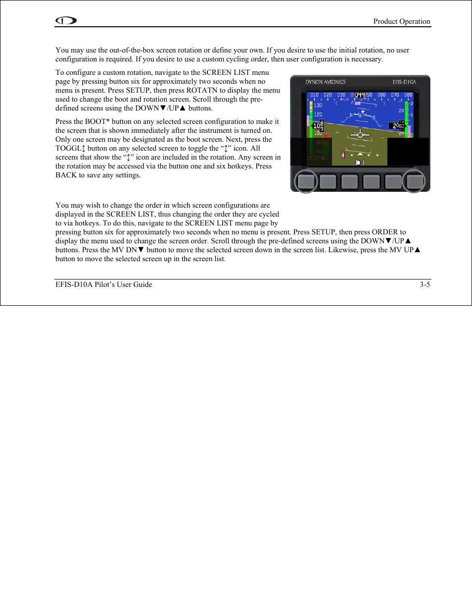 Changing the screen rotation, Changing the screen list order | Dynon Avionics EFIS-D10A Pilots Users Guide User Manual | Page 19 / 90