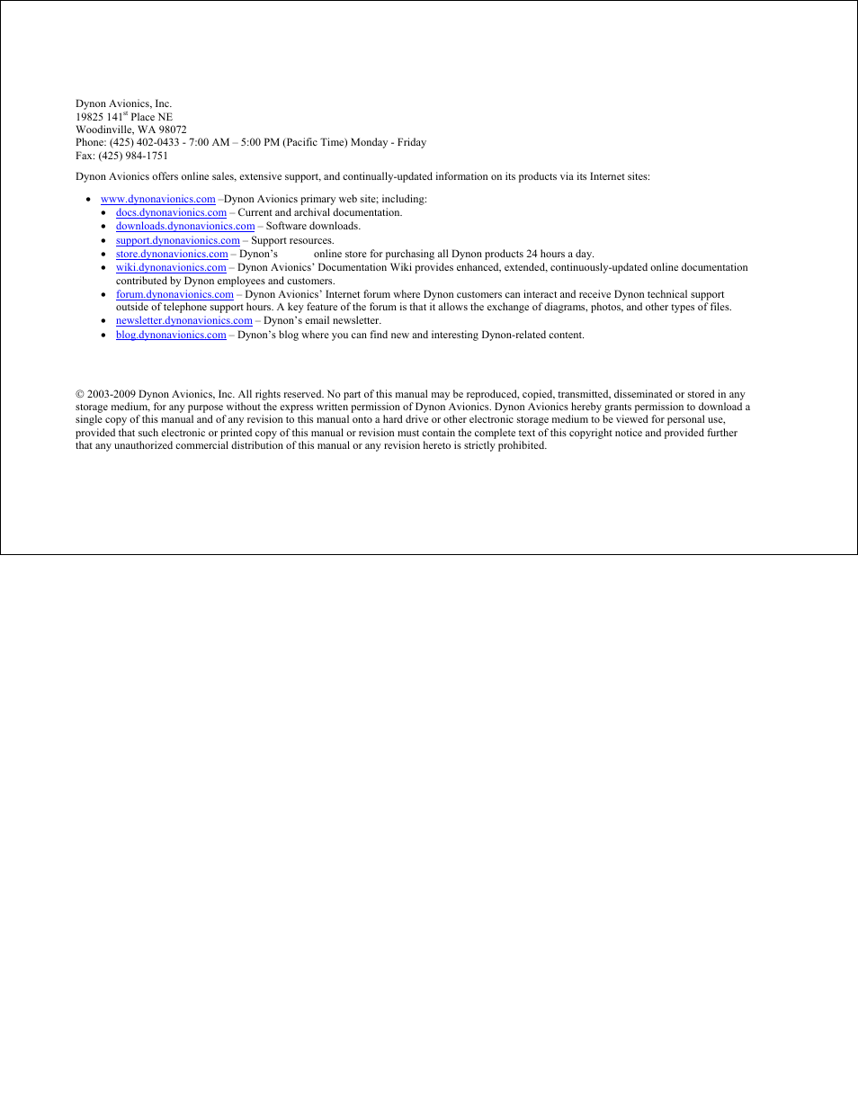 Contact information, Copyright | Dynon Avionics EFIS-D10A Pilots Users Guide User Manual | Page 2 / 90