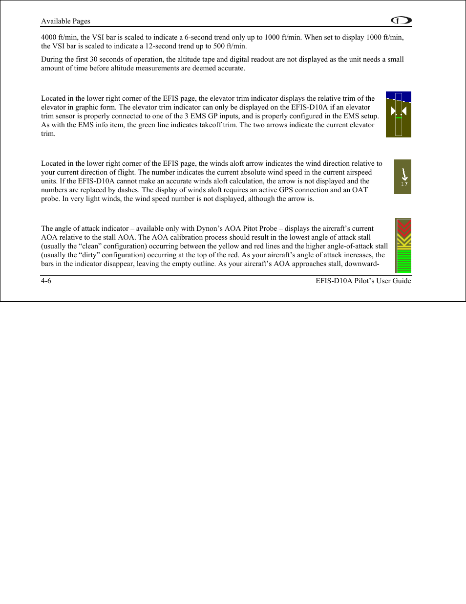 Elevator trim indicator, Winds aloft arrow, Angle of attack (aoa) indicator | Dynon Avionics EFIS-D10A Pilots Users Guide User Manual | Page 28 / 90