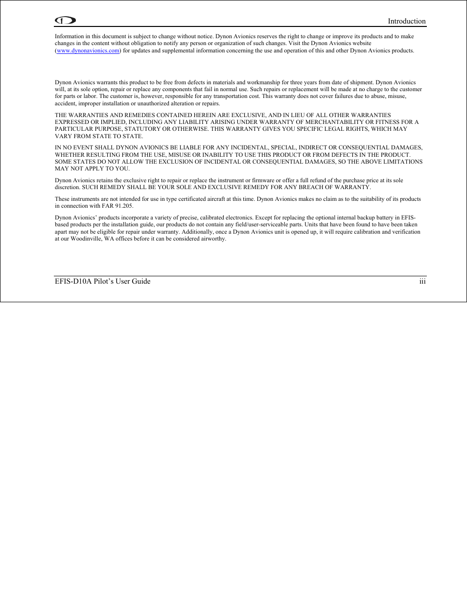 Limited warranty | Dynon Avionics EFIS-D10A Pilots Users Guide User Manual | Page 3 / 90
