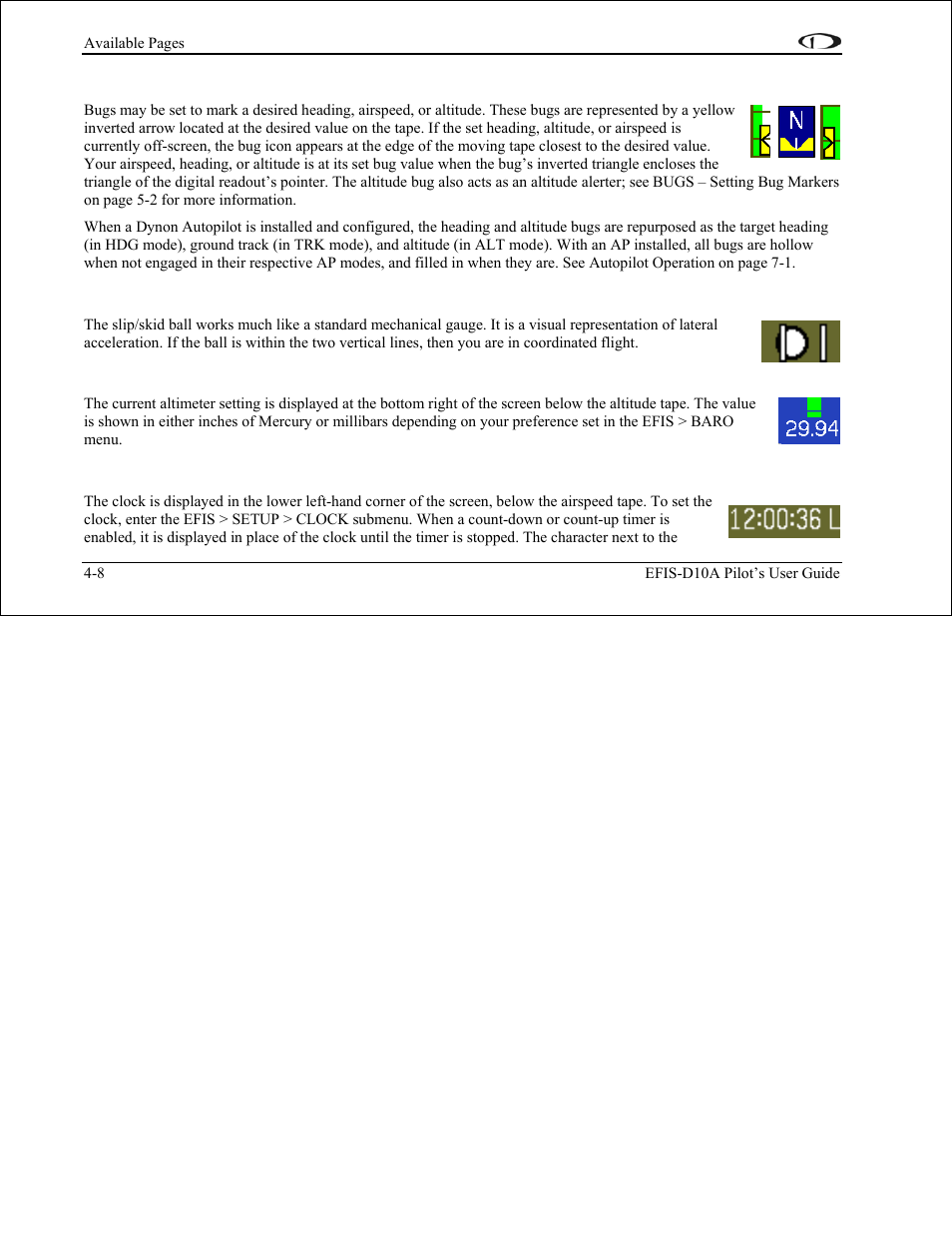 Bugs, Slip/skid ball, Altimeter setting display | Clock/timer | Dynon Avionics EFIS-D10A Pilots Users Guide User Manual | Page 30 / 90