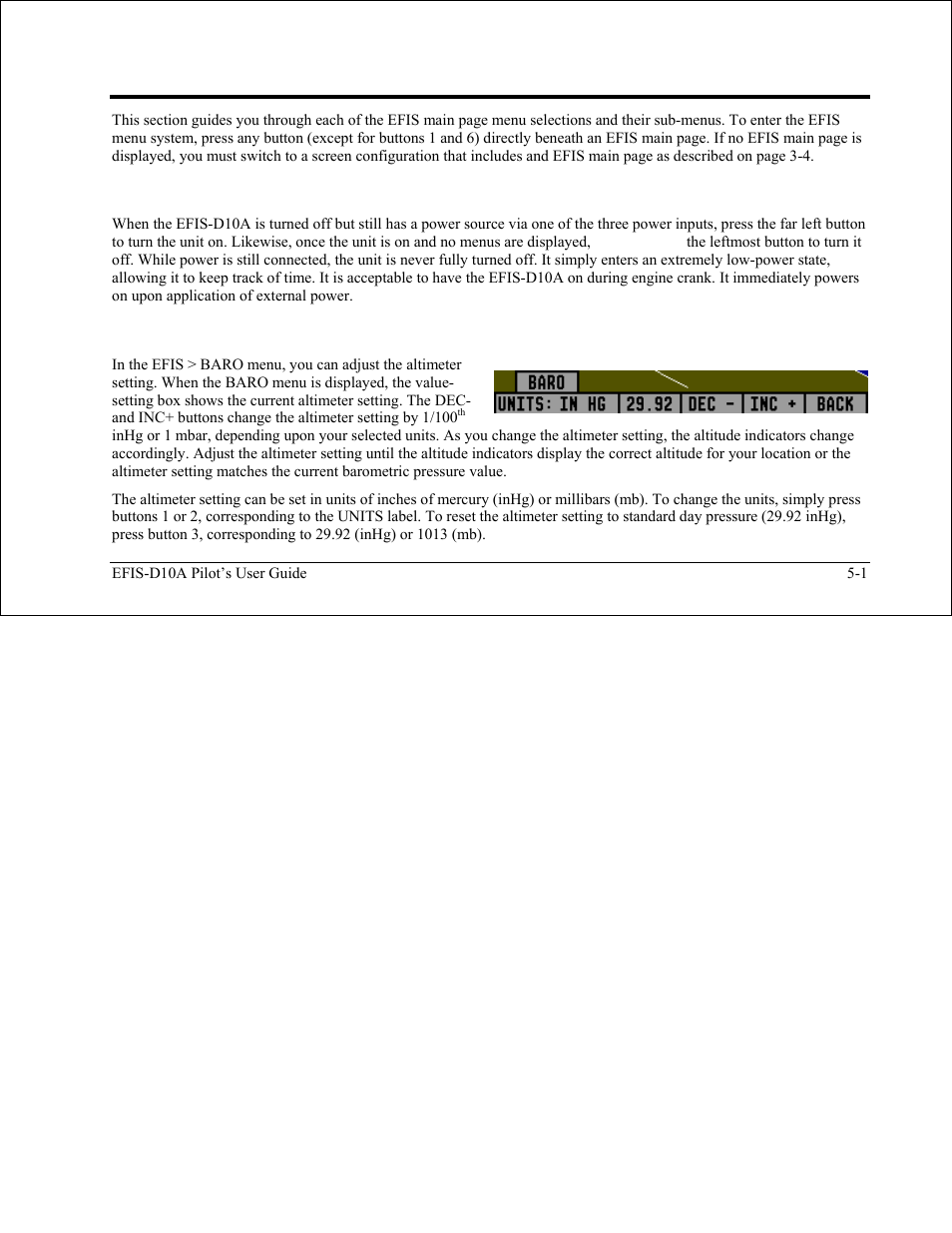 Efis operation, Power – power on/off, Baro – changing altimeter setting | Power – power on/off -1, Baro – changing altimeter setting -1 | Dynon Avionics EFIS-D10A Pilots Users Guide User Manual | Page 34 / 90