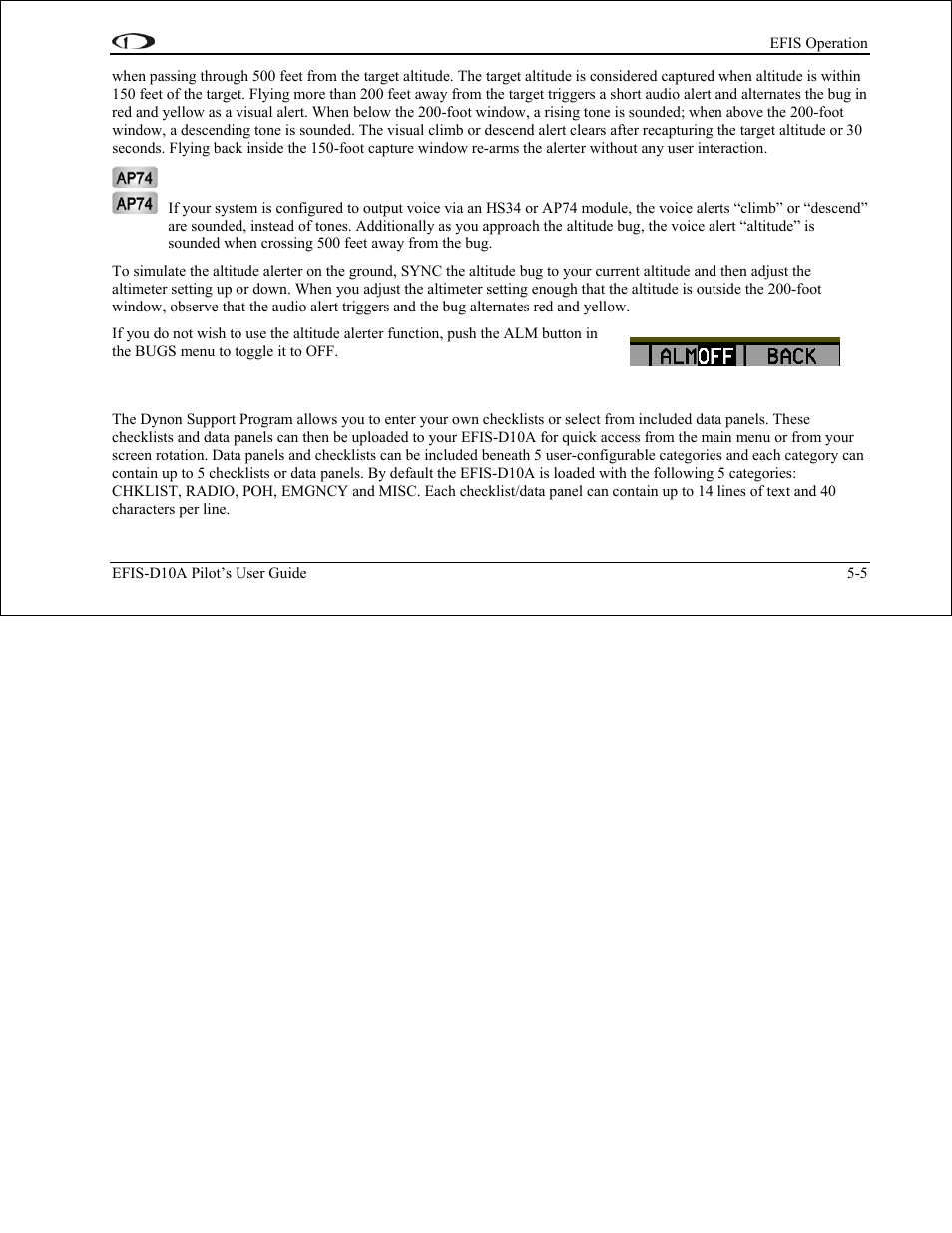 Lists – using checklists and data panels, Lists – using checklists and data panels -5 | Dynon Avionics EFIS-D10A Pilots Users Guide User Manual | Page 38 / 90