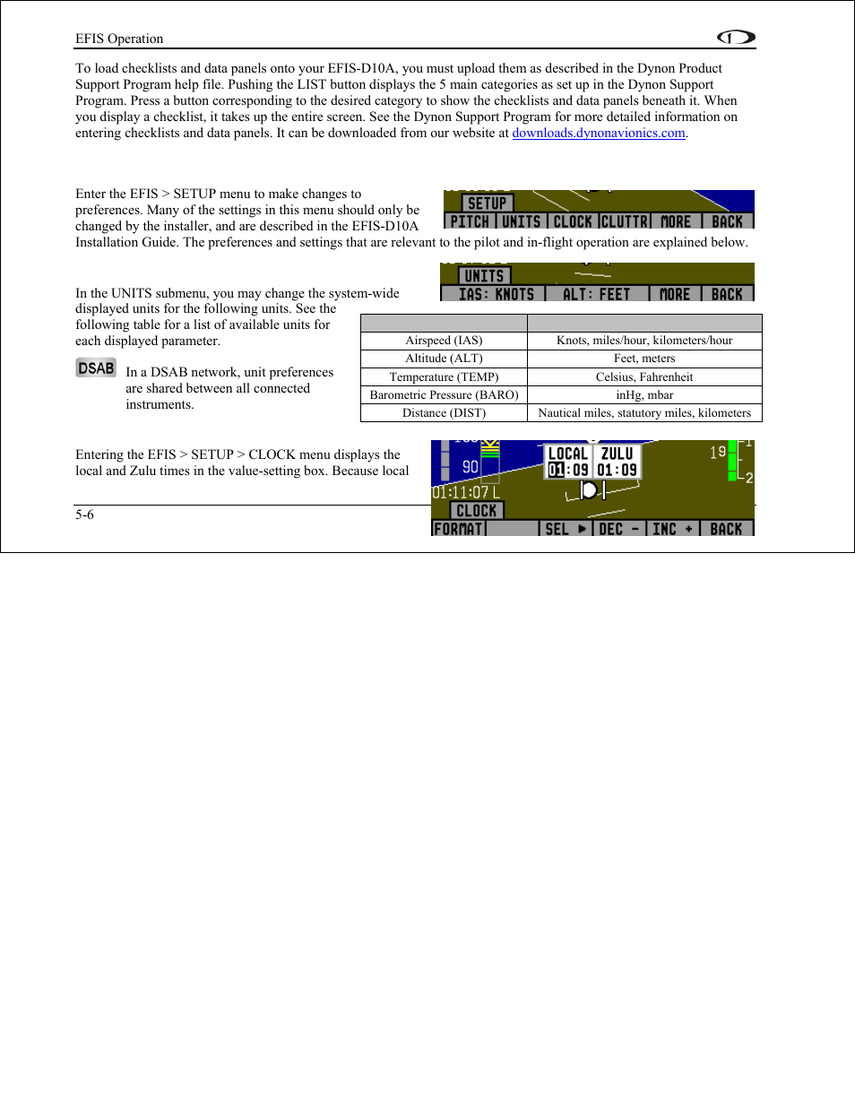 Setup – setting preferences, Change displayed units, Set the clock | Setup – setting preferences -6 | Dynon Avionics EFIS-D10A Pilots Users Guide User Manual | Page 39 / 90