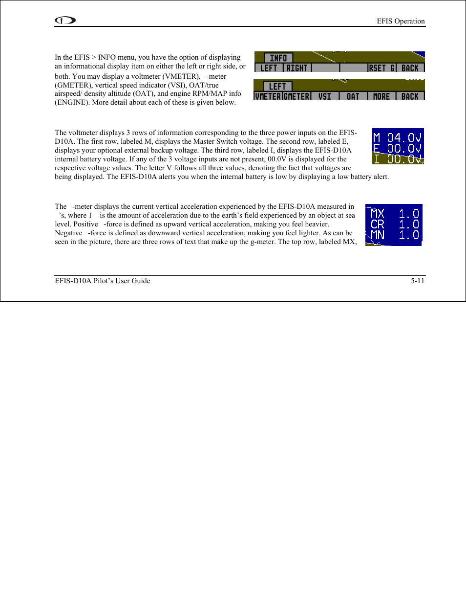 Info – informational items, Voltmeter, G-meter | Info – informational items -11 | Dynon Avionics EFIS-D10A Pilots Users Guide User Manual | Page 44 / 90