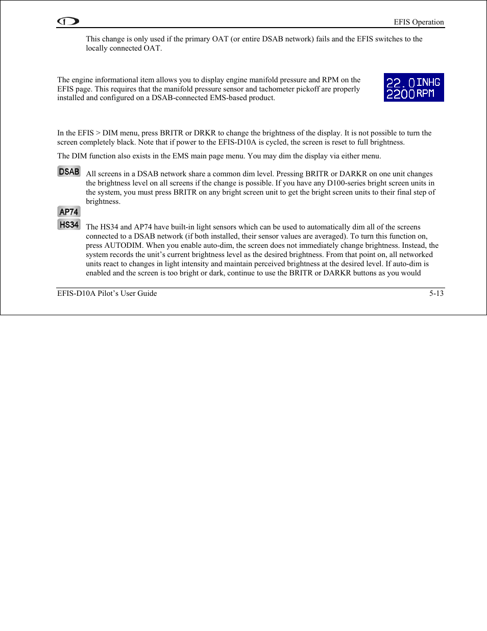 Engine (manifold pressure and rpm), Dim – changing screen brightness, Dim – changing screen brightness -13 | Dynon Avionics EFIS-D10A Pilots Users Guide User Manual | Page 46 / 90