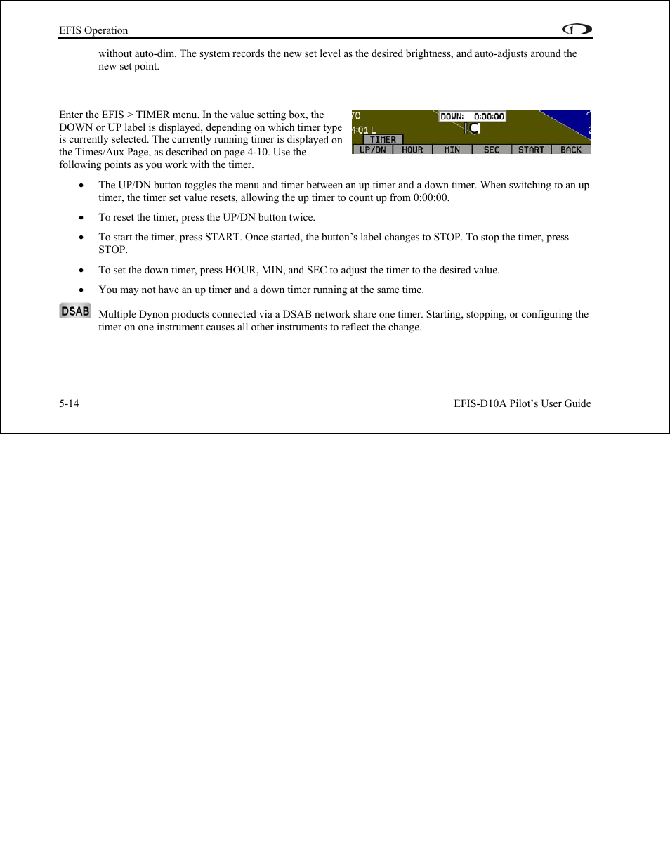Timer – setting and using a timer, Timer – setting and using a timer -14 | Dynon Avionics EFIS-D10A Pilots Users Guide User Manual | Page 47 / 90