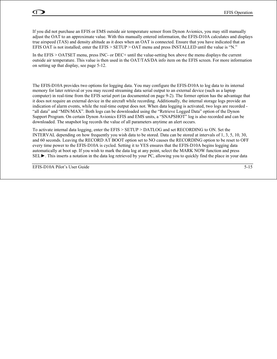 Oatset – setting temperature offset, Datlog – logging and retrieving data, Oatset – setting temperature offset -15 | Datlog – logging and retrieving data -15 | Dynon Avionics EFIS-D10A Pilots Users Guide User Manual | Page 48 / 90