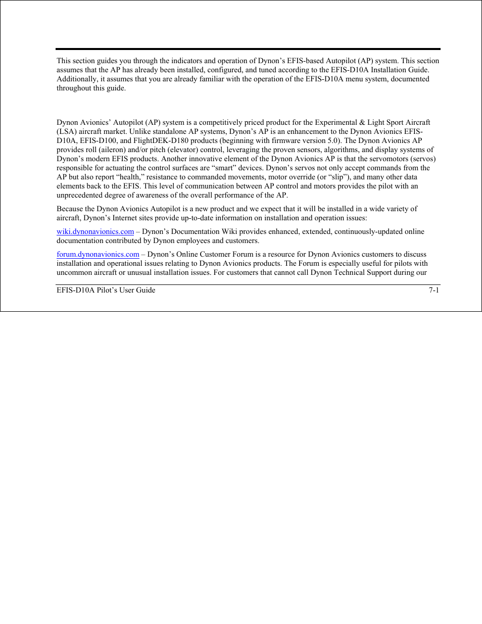 Autopilot operation, Introduction and resources, Introduction and resources -1 | See autopilot operation, See autopilot operation on, Ge 7-1 | Dynon Avionics EFIS-D10A Pilots Users Guide User Manual | Page 61 / 90