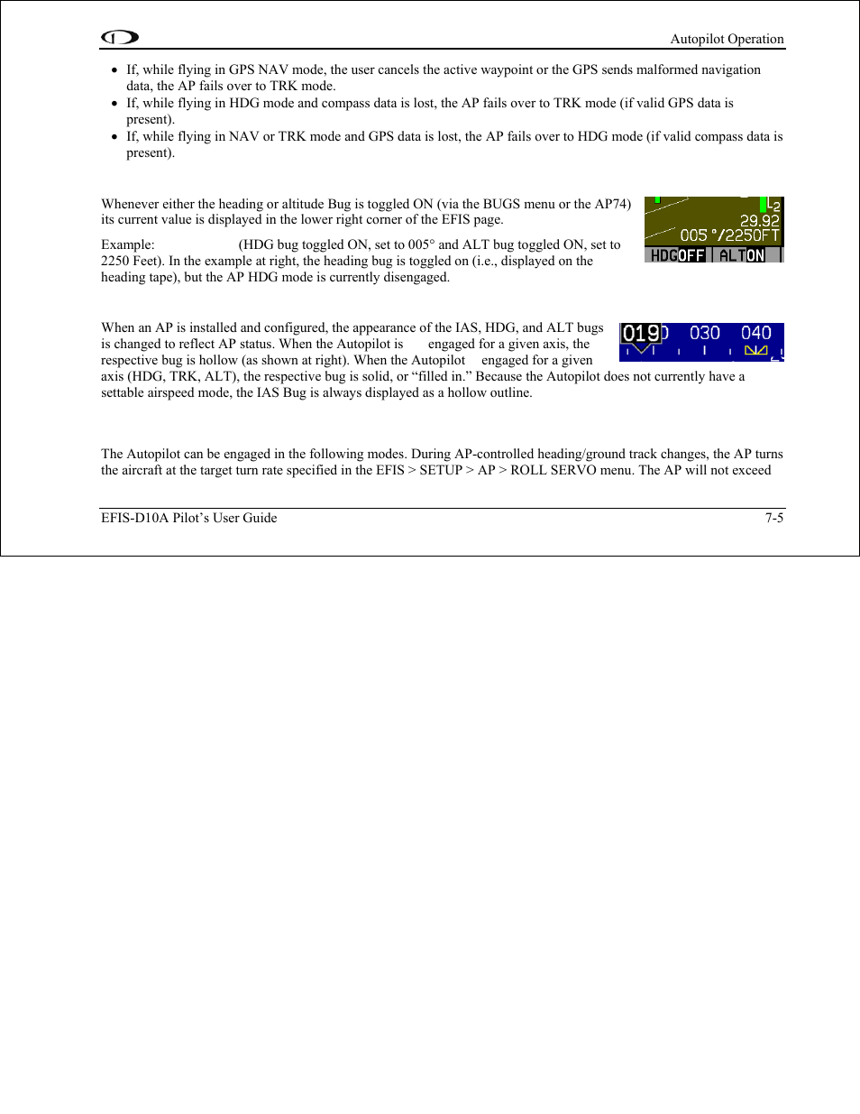 Bugs display (lower right corner), Bugs graphical appearance, Ap modes | Ap modes -5 | Dynon Avionics EFIS-D10A Pilots Users Guide User Manual | Page 65 / 90