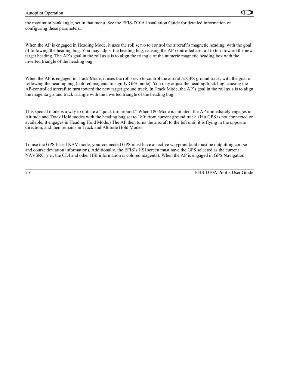 Hdg: heading mode – roll servo, Trk: ground track mode – roll servo, 180º turn mode – roll and pitch servos | Nav: gps navigation mode – roll servo | Dynon Avionics EFIS-D10A Pilots Users Guide User Manual | Page 66 / 90