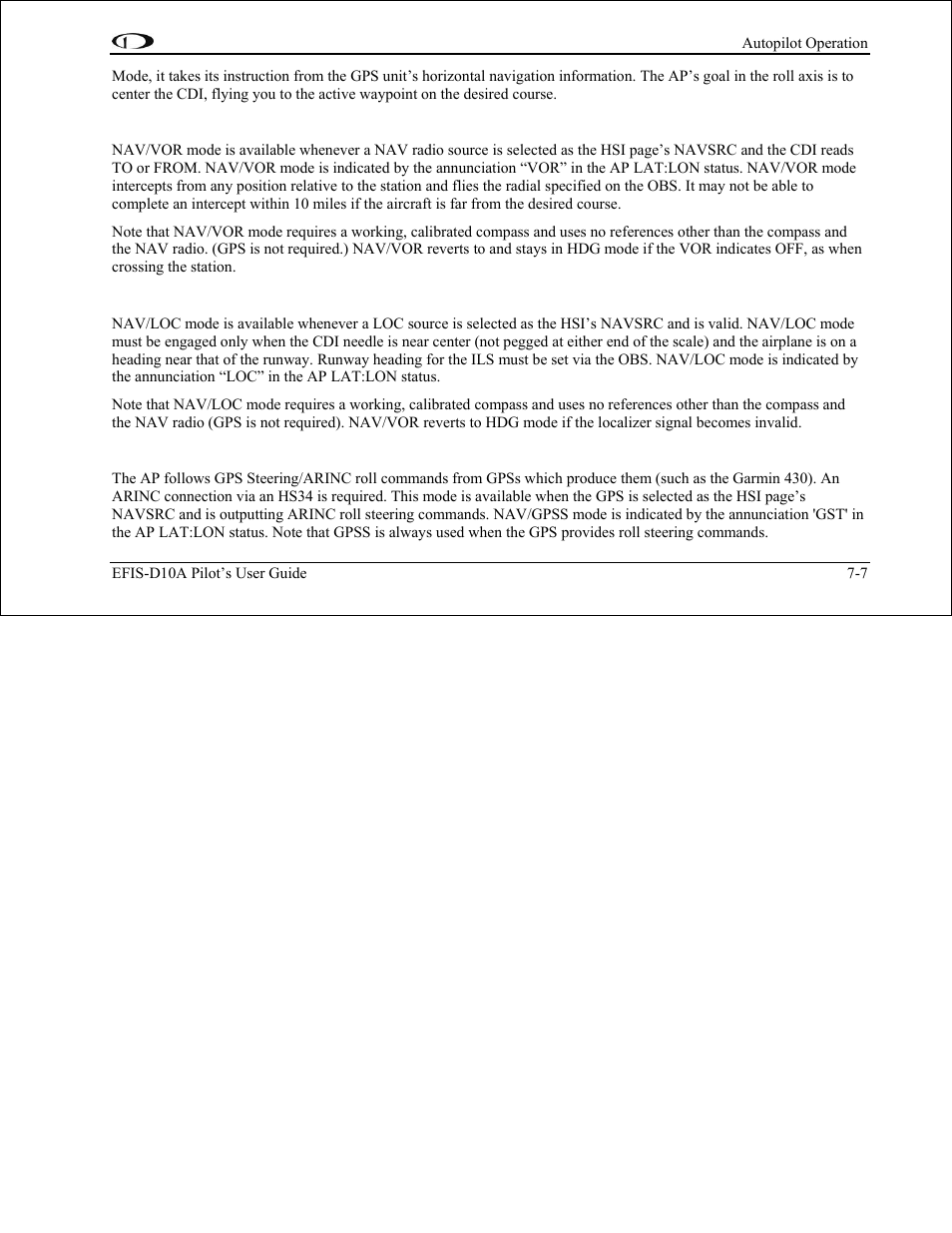 Nav: vor navigation mode – roll servo, Nav: localizer tracking mode – roll servo, Nav: gps steering mode – roll servo | Dynon Avionics EFIS-D10A Pilots Users Guide User Manual | Page 67 / 90