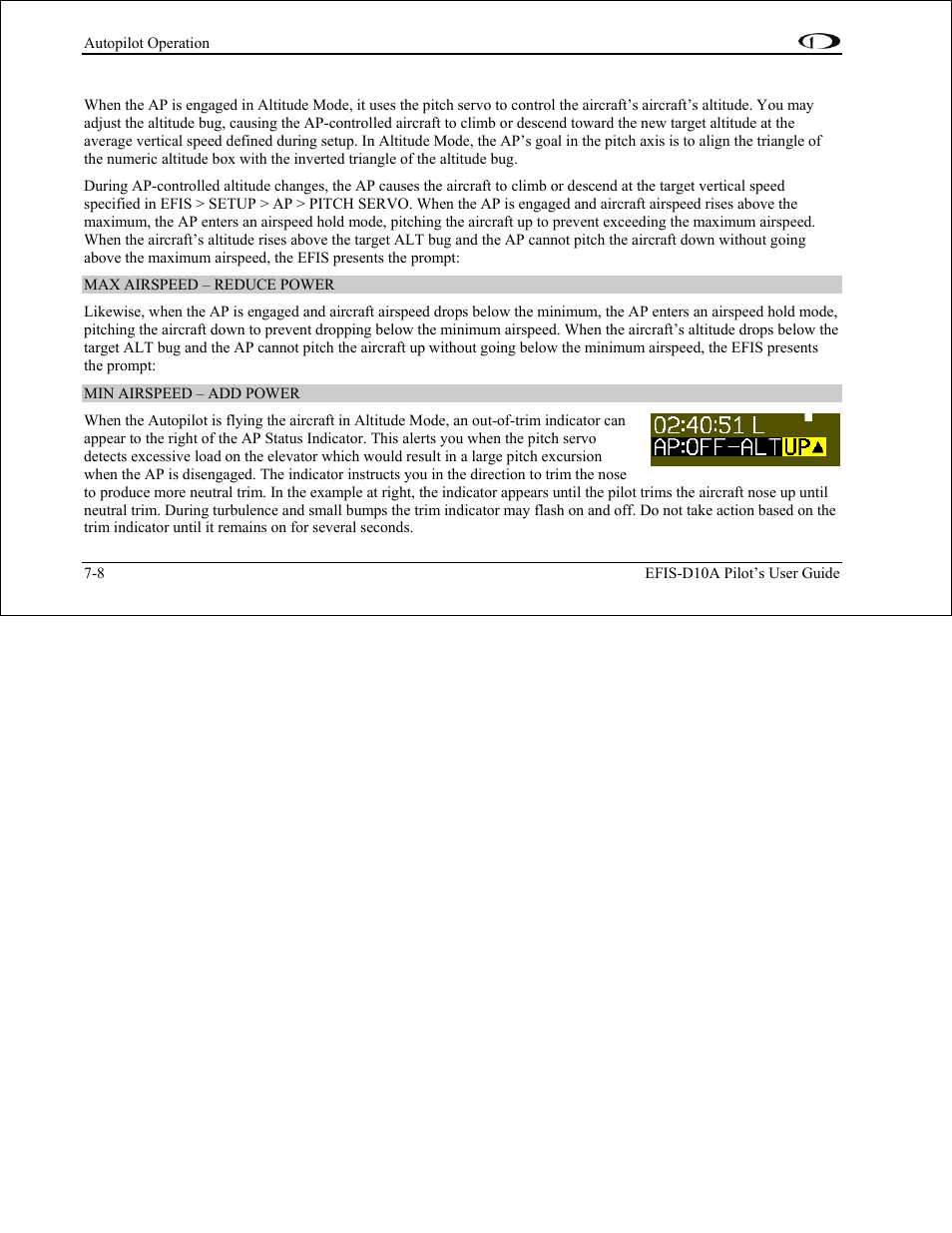 Alt: altitude mode – pitch servo | Dynon Avionics EFIS-D10A Pilots Users Guide User Manual | Page 68 / 90