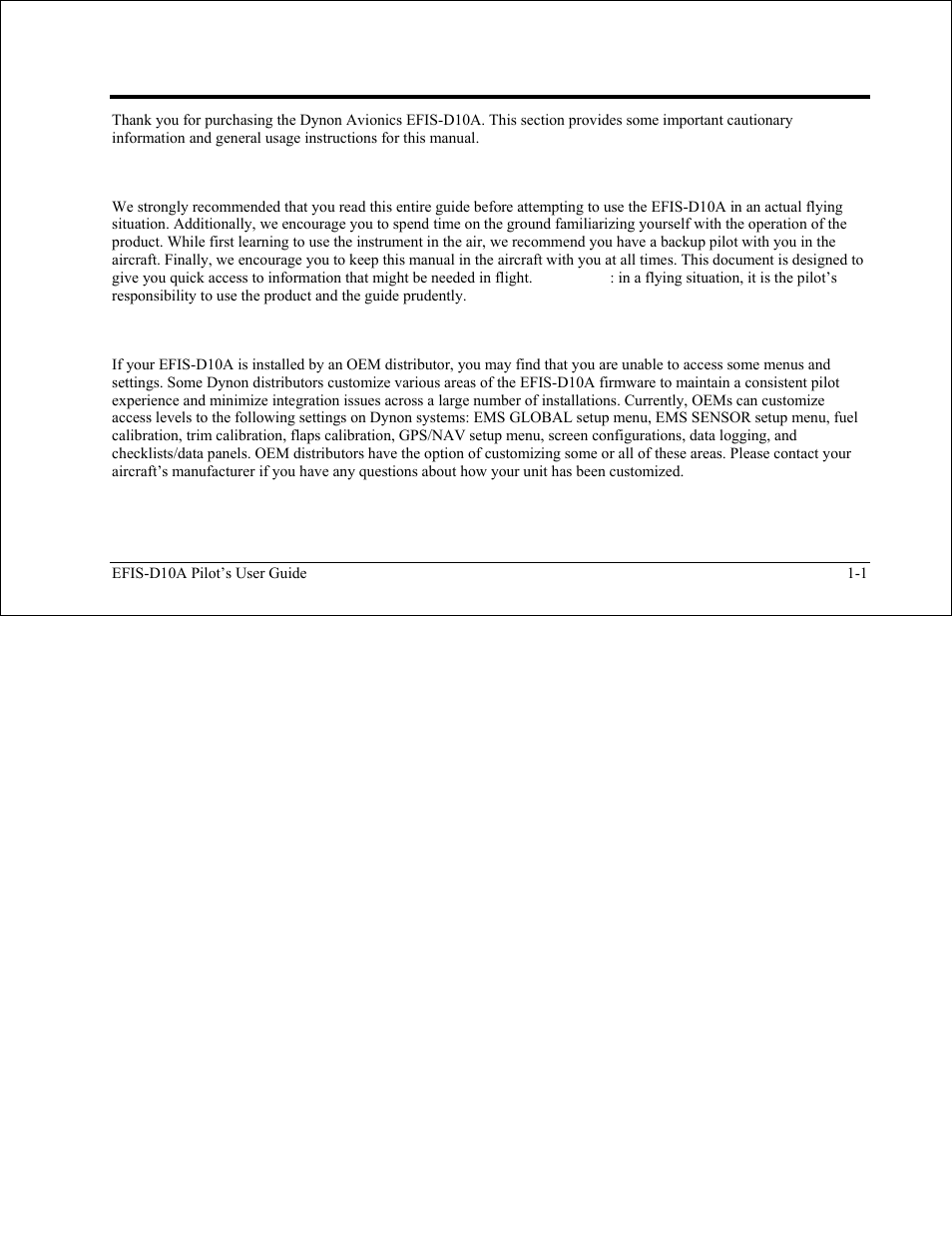Introduction, Before you fly, Oem installations | Before you fly -1, Oem installations -1 | Dynon Avionics EFIS-D10A Pilots Users Guide User Manual | Page 7 / 90