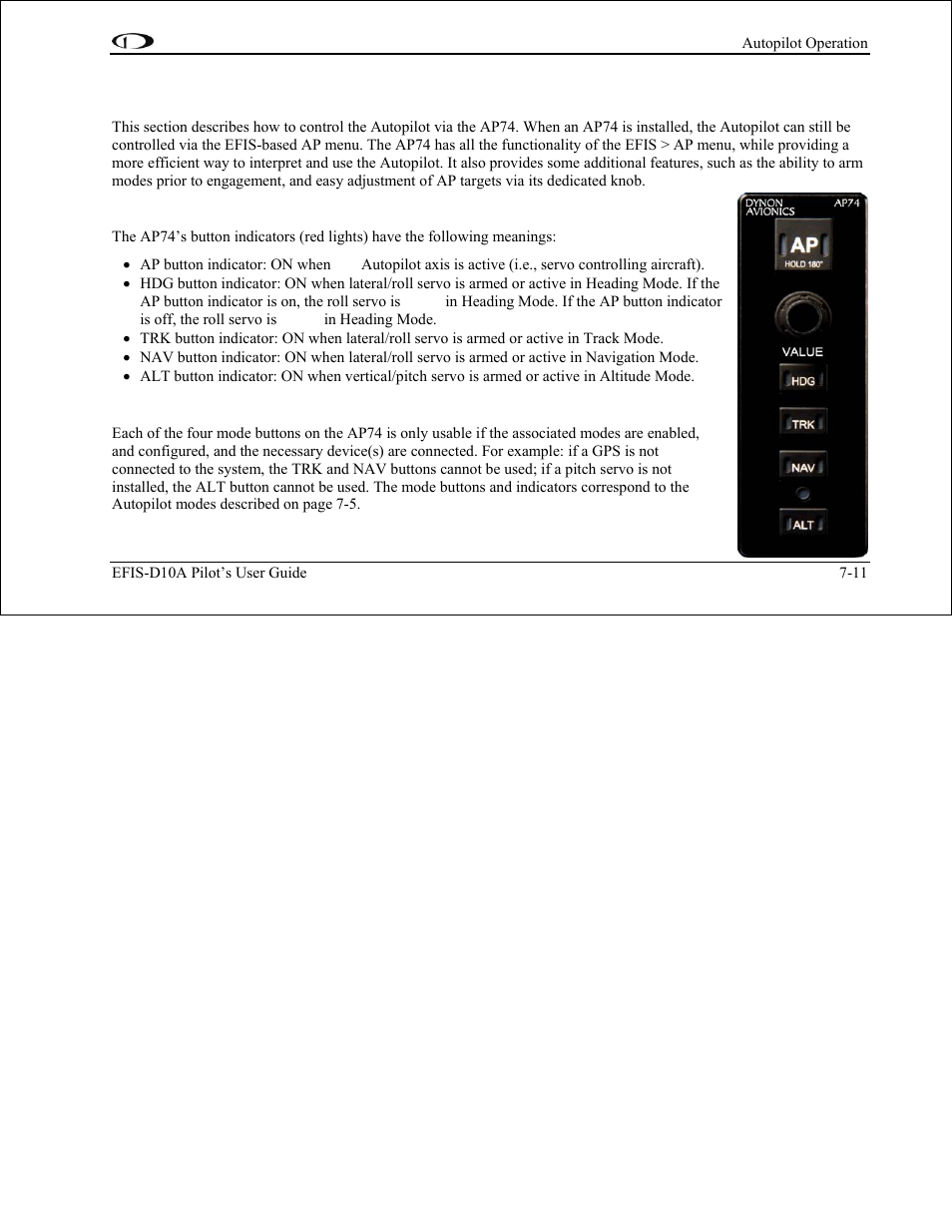 Ap74 autopilot control, Ap74 indicators, Ap74 controls | Ap74 autopilot control -11 | Dynon Avionics EFIS-D10A Pilots Users Guide User Manual | Page 71 / 90