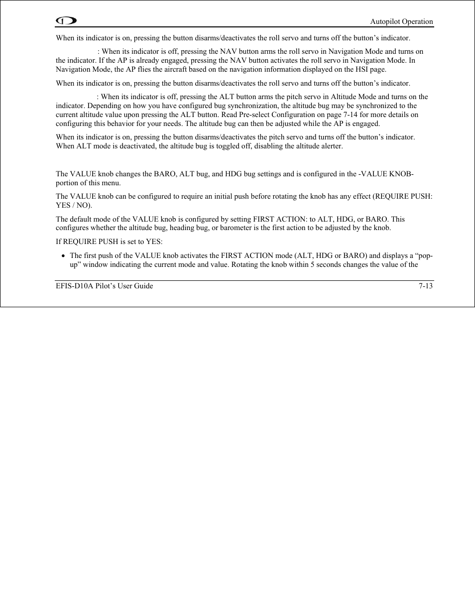 Value knob configuration | Dynon Avionics EFIS-D10A Pilots Users Guide User Manual | Page 73 / 90