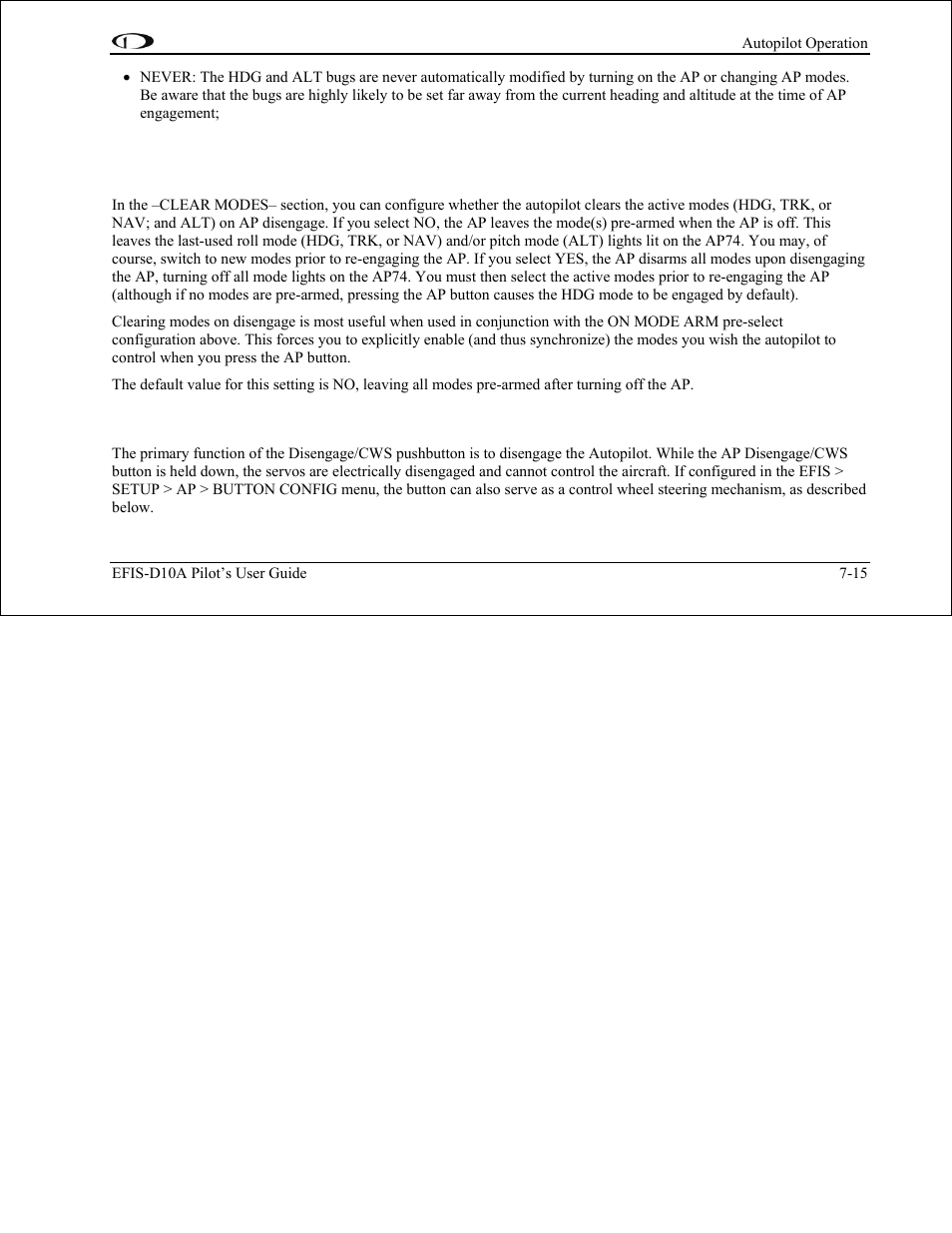 Mode clearing configuration, Disengage/control wheel steering (cws) pushbutton | Dynon Avionics EFIS-D10A Pilots Users Guide User Manual | Page 75 / 90