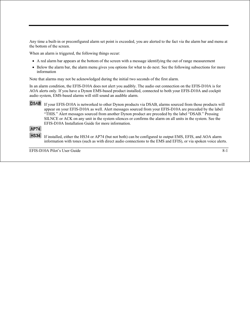 Alerts, Alarm indicators, Alarm indicators -1 | Dynon Avionics EFIS-D10A Pilots Users Guide User Manual | Page 78 / 90