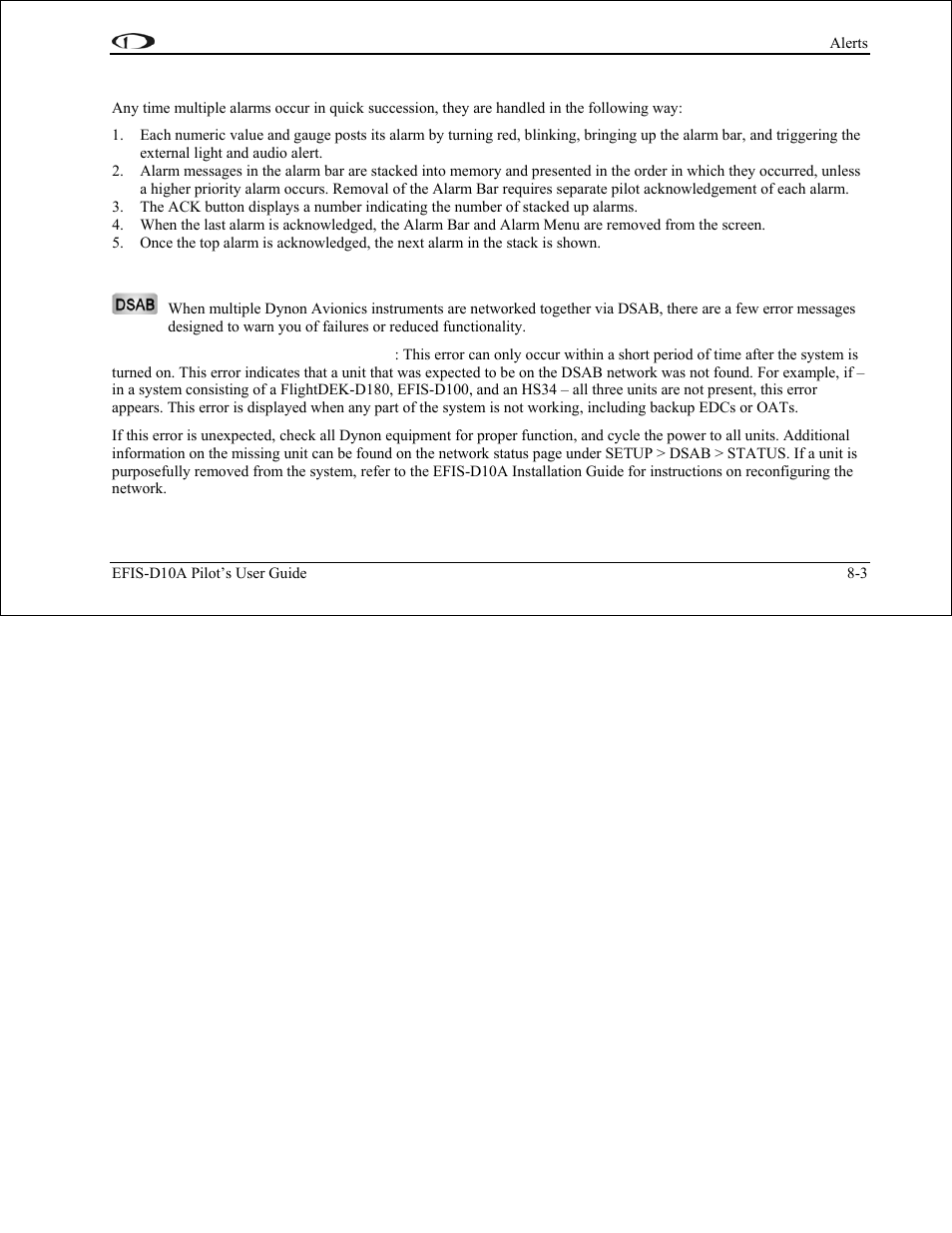 Multiple alarms, Dsab alerts, Multiple alarms -3 | Dsab alerts -3 | Dynon Avionics EFIS-D10A Pilots Users Guide User Manual | Page 80 / 90