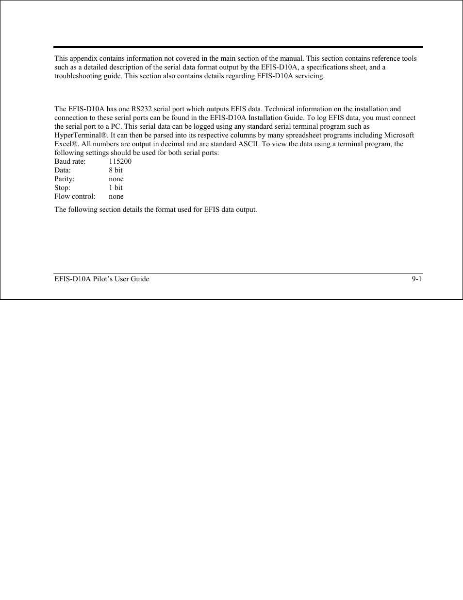 Appendix, Appendix a: serial data output, Appendix a: serial data output -1 | Dynon Avionics EFIS-D10A Pilots Users Guide User Manual | Page 82 / 90