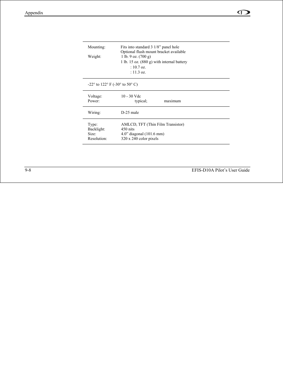 Appendix d: efis-d10a specifications, Appendix d: efis-d10a specifications -8 | Dynon Avionics EFIS-D10A Pilots Users Guide User Manual | Page 89 / 90