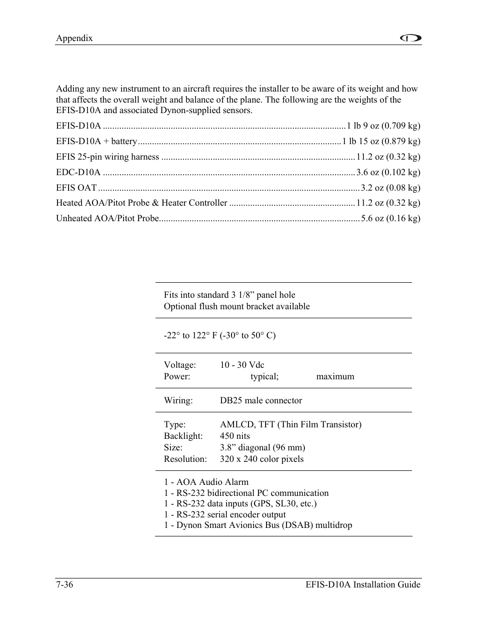 Appendix g: weights, Appendix h: efis-d10a specifications, Appendix g: weights -36 | Appendix h: efis-d10a specifications -36 | Dynon Avionics EFIS-D10A Installation Guide User Manual | Page 108 / 108