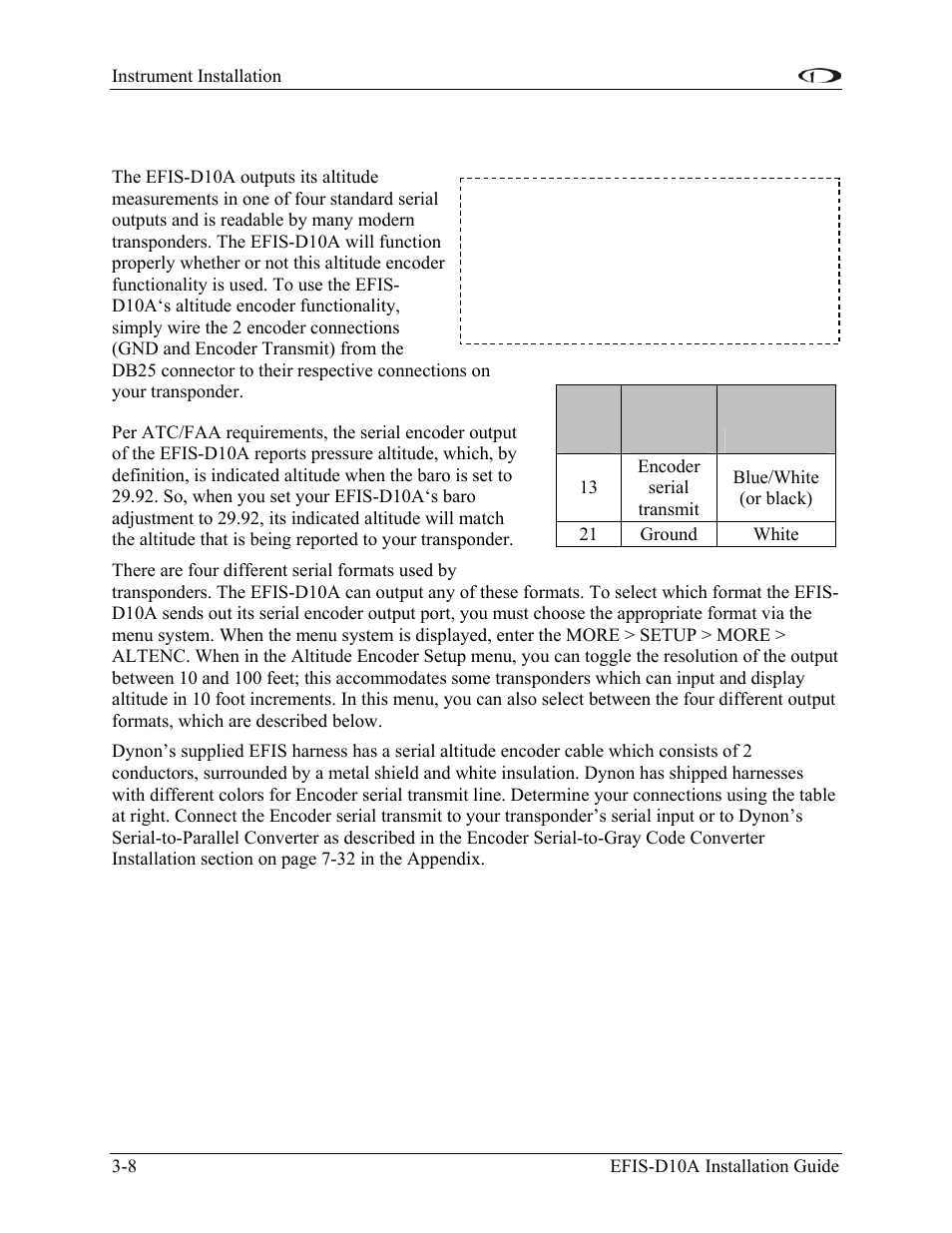 Altitude encoder wiring, Altitude encoder wiring -8 | Dynon Avionics EFIS-D10A Installation Guide User Manual | Page 20 / 108