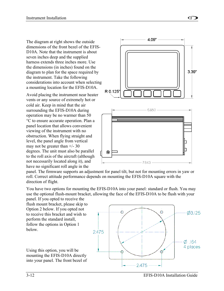 Panel location and mounting, Option 1: no mounting bracket, Panel location and mounting -12 | Dynon Avionics EFIS-D10A Installation Guide User Manual | Page 24 / 108