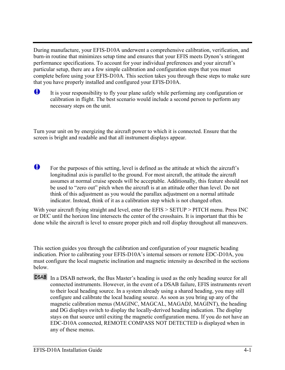 Efis calibration and configuration, Ensuring proper installation, Setting zero pitch (in flight) | Compass heading calibration, Ensuring proper installation -1, Setting zero pitch (in flight) -1, Compass heading calibration -1 | Dynon Avionics EFIS-D10A Installation Guide User Manual | Page 27 / 108