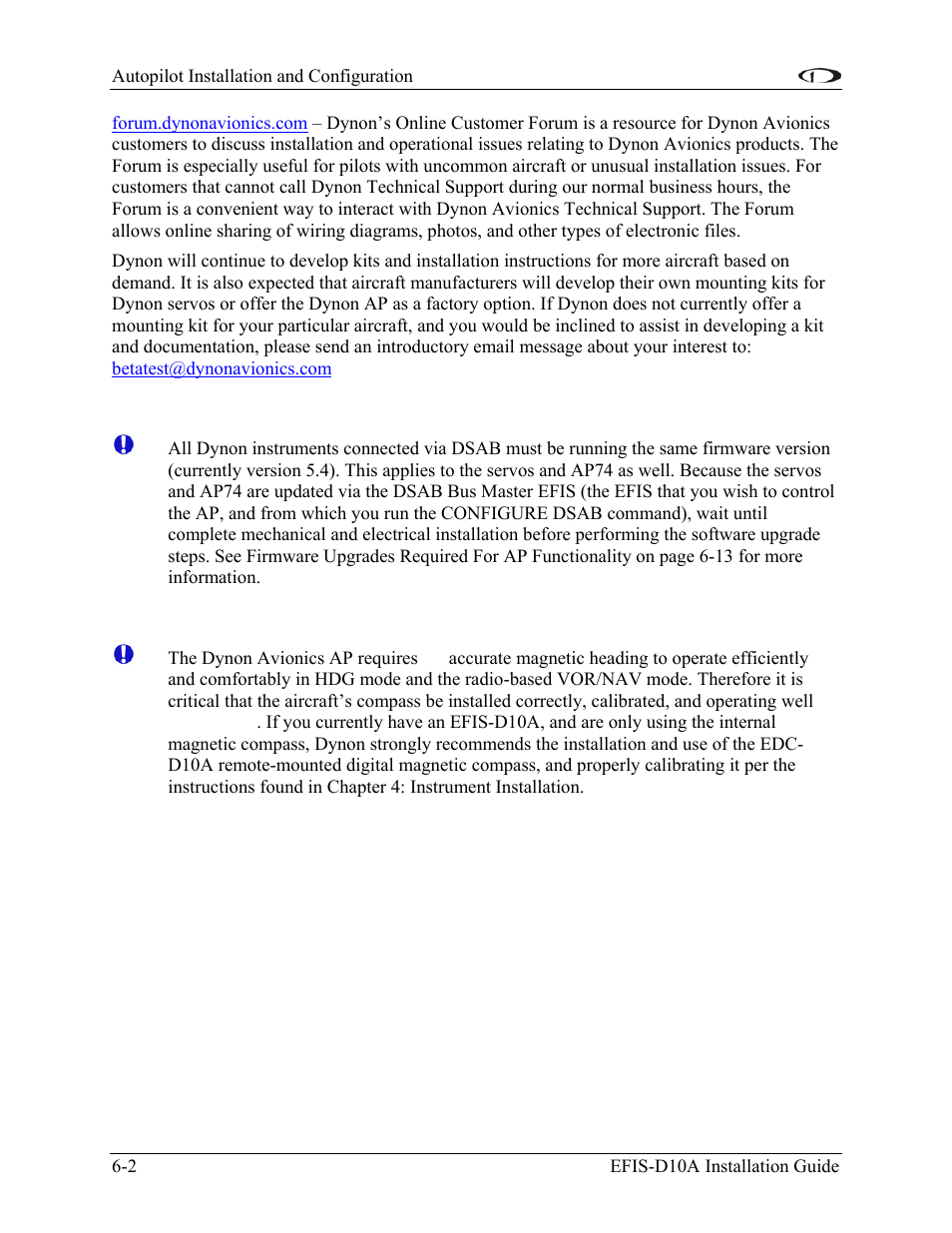 Dsab firmware compatibility, Compass calibration critical for certain ap modes, Dsab firmware compatibility -2 | Dynon Avionics EFIS-D10A Installation Guide User Manual | Page 42 / 108