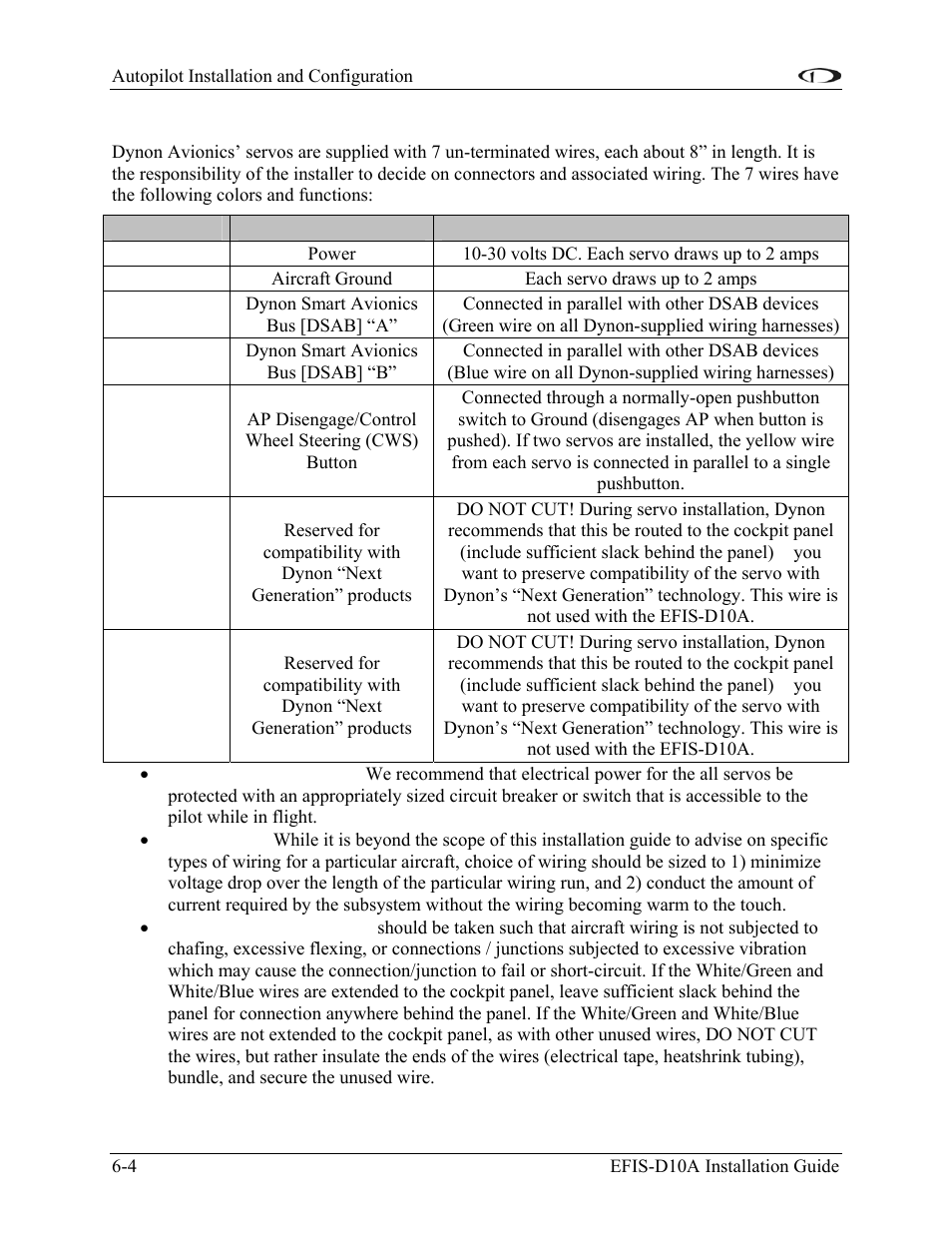 Servo electrical installation | Dynon Avionics EFIS-D10A Installation Guide User Manual | Page 44 / 108