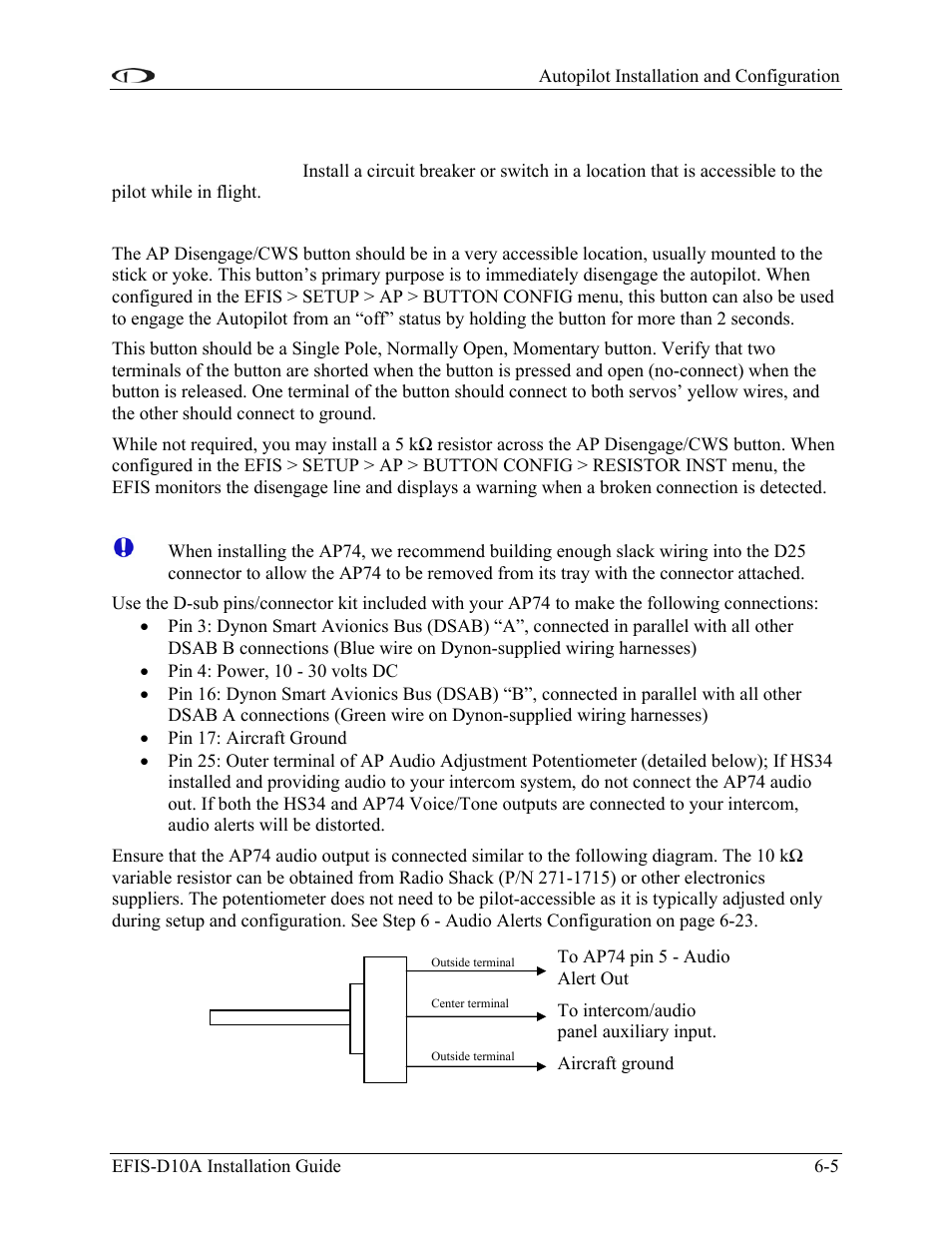Ap controls electrical installation, Ap74 electrical installation | Dynon Avionics EFIS-D10A Installation Guide User Manual | Page 45 / 108