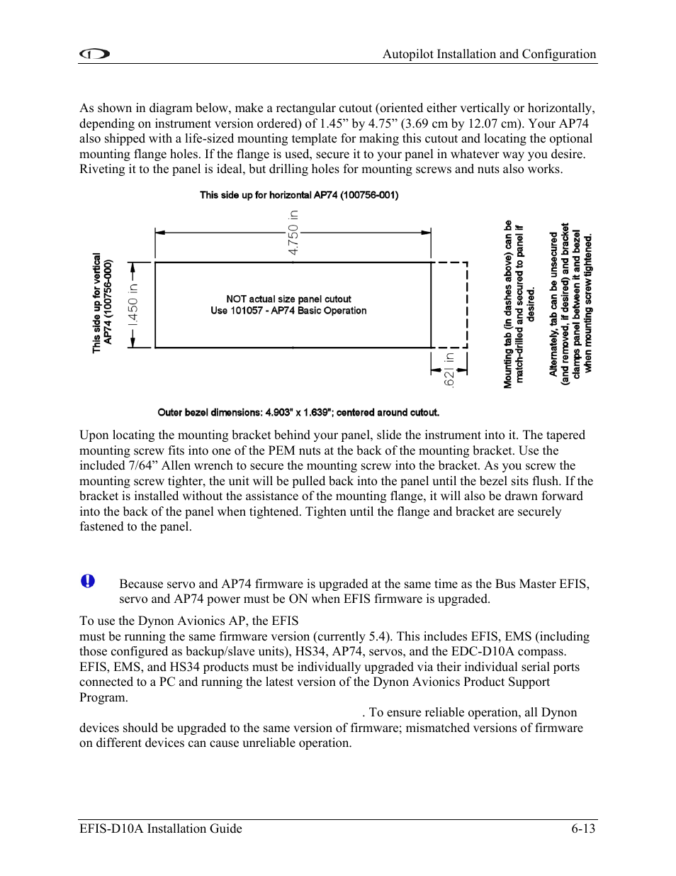 Ap74 mounting, Firmware upgrades required for ap functionality | Dynon Avionics EFIS-D10A Installation Guide User Manual | Page 53 / 108