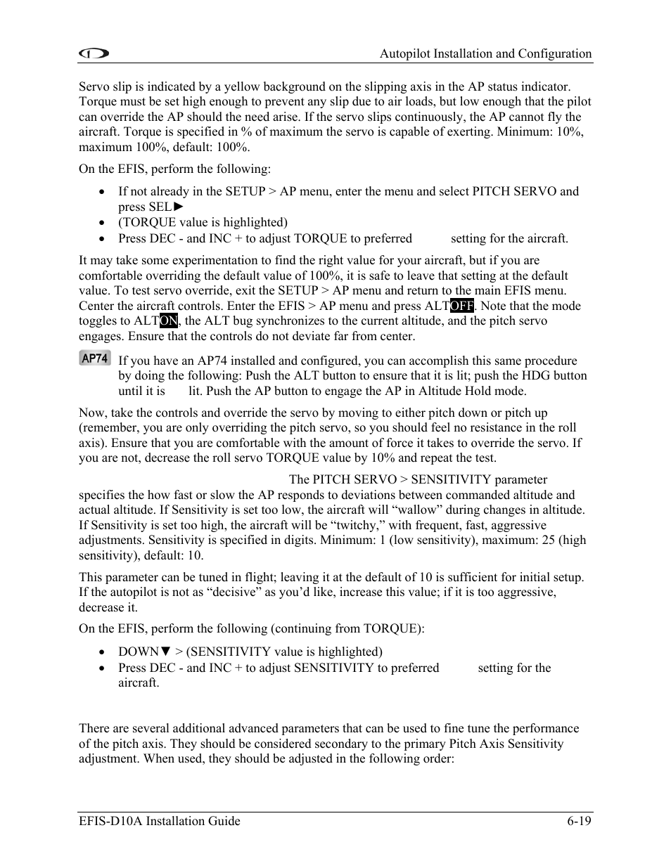 Advanced pitch gain and rate adjustments | Dynon Avionics EFIS-D10A Installation Guide User Manual | Page 59 / 108