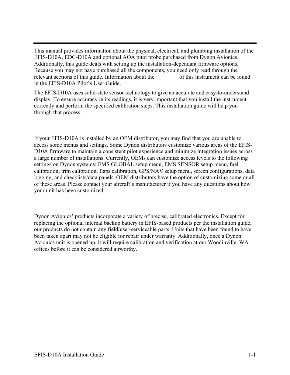 Introduction, Oem installations, Warning | Oem installations -1, Warning -1 | Dynon Avionics EFIS-D10A Installation Guide User Manual | Page 7 / 108