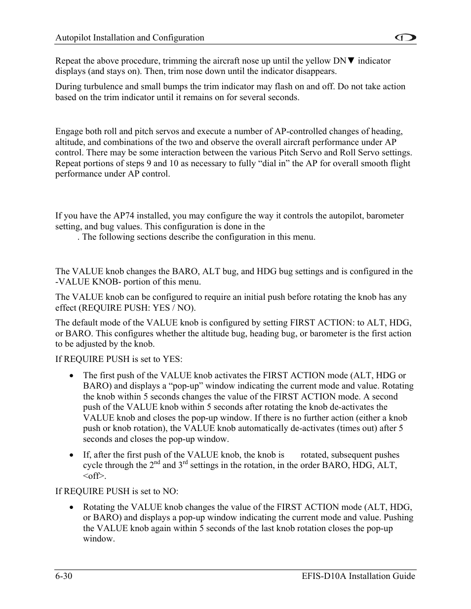 Step 10 – verify overall ap performance, Ap74 configuration, Value knob configuration | Ap74 configuration -30 | Dynon Avionics EFIS-D10A Installation Guide User Manual | Page 70 / 108