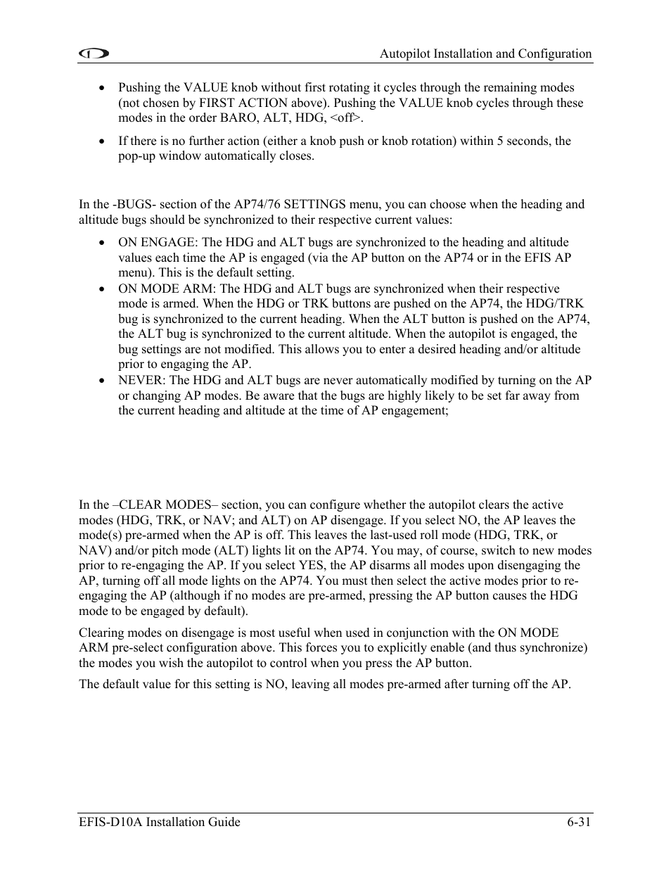 Pre-select configuration, Mode clearing configuration | Dynon Avionics EFIS-D10A Installation Guide User Manual | Page 71 / 108
