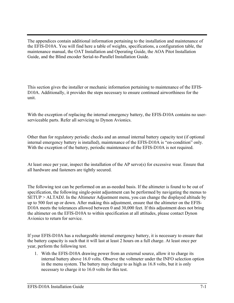 Appendix, Introduction, Caution | Instructions for continued airworthiness, Ap servo installation, Altimeter check, Internal battery check | Dynon Avionics EFIS-D10A Installation Guide User Manual | Page 73 / 108
