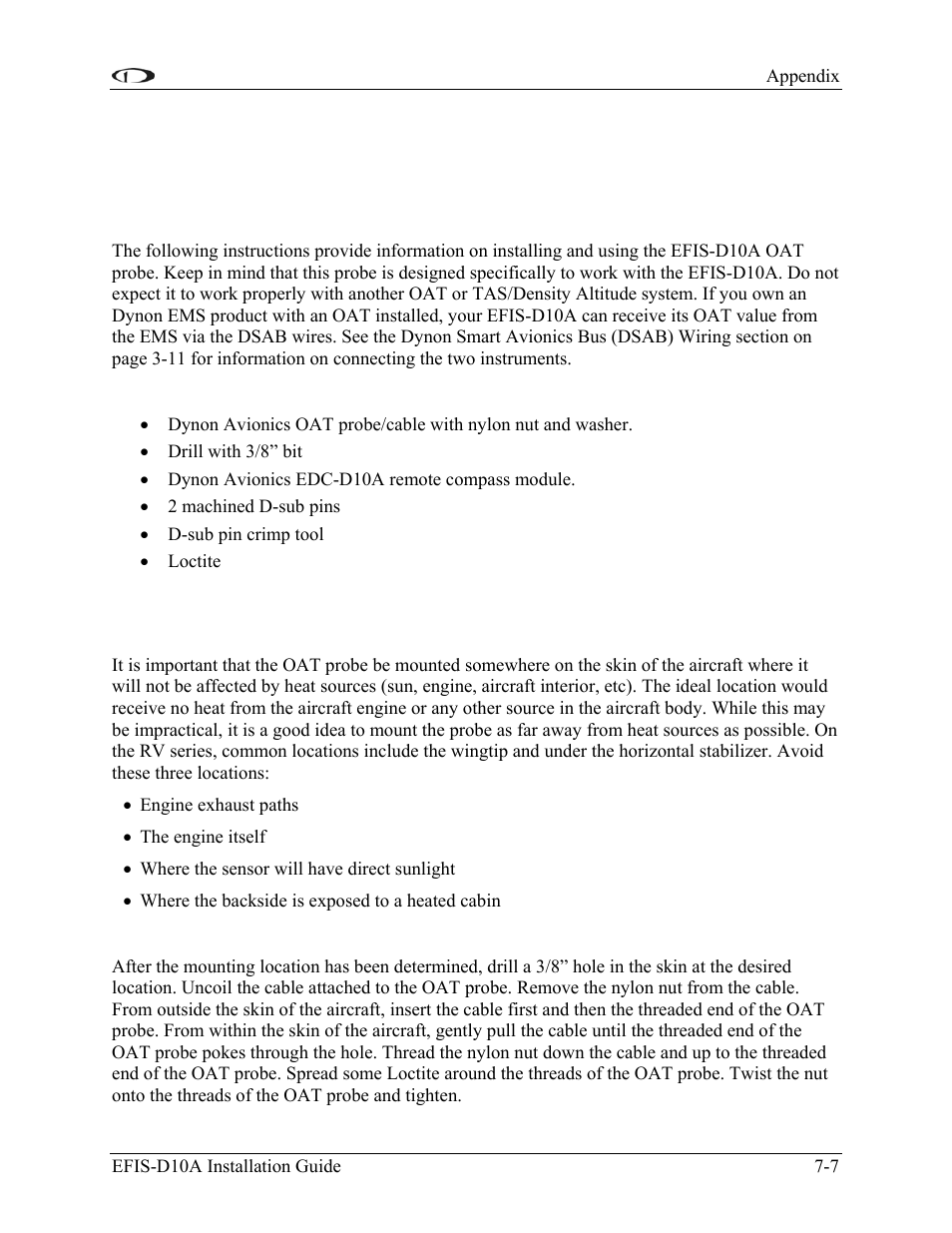 Appendix b: dynon oat probe installation and usage, Tools and materials required, Installation | Mount location, Mounting instructions | Dynon Avionics EFIS-D10A Installation Guide User Manual | Page 79 / 108