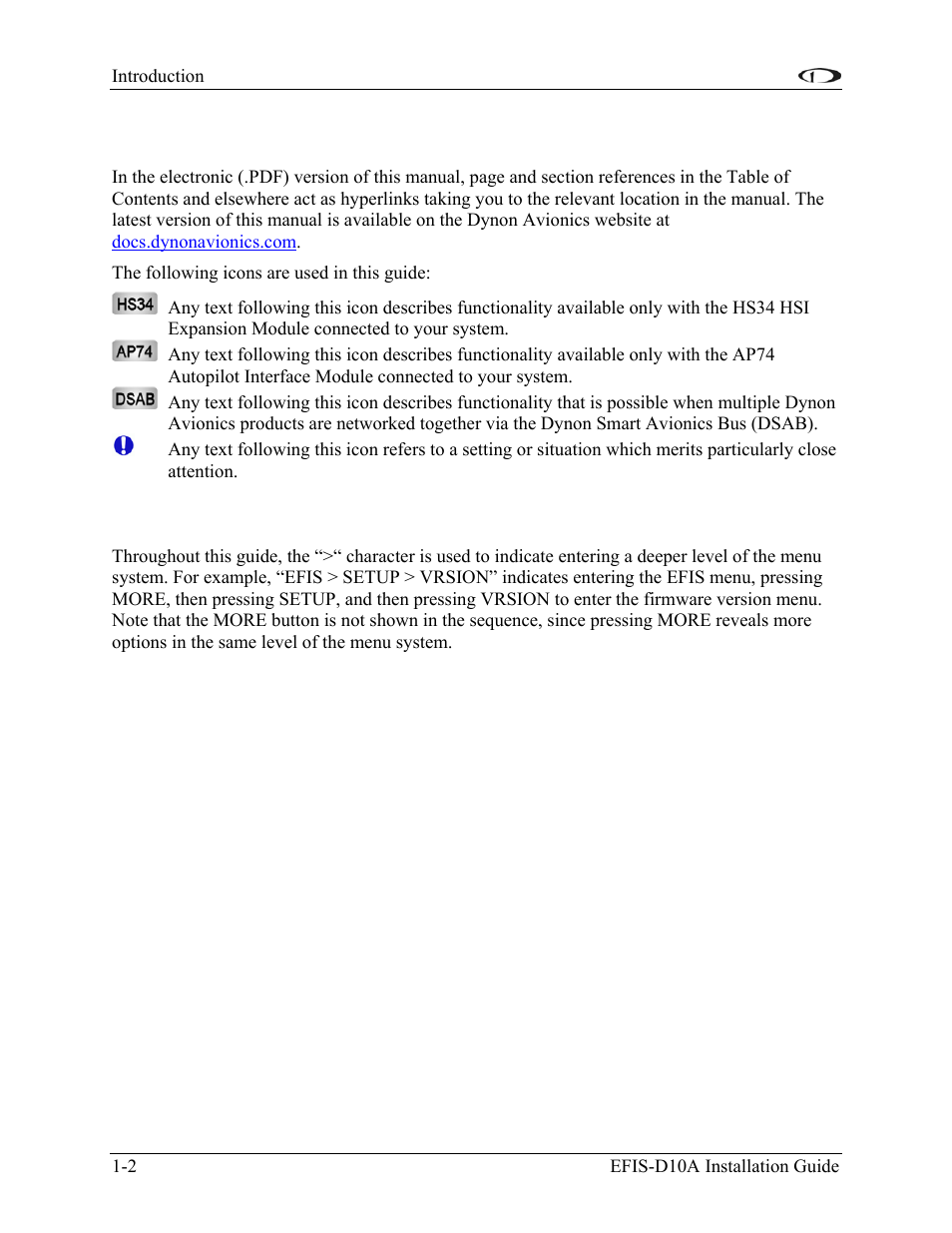 About this guide, Menu descriptions, About this guide -2 | Menu descriptions -2 | Dynon Avionics EFIS-D10A Installation Guide User Manual | Page 8 / 108