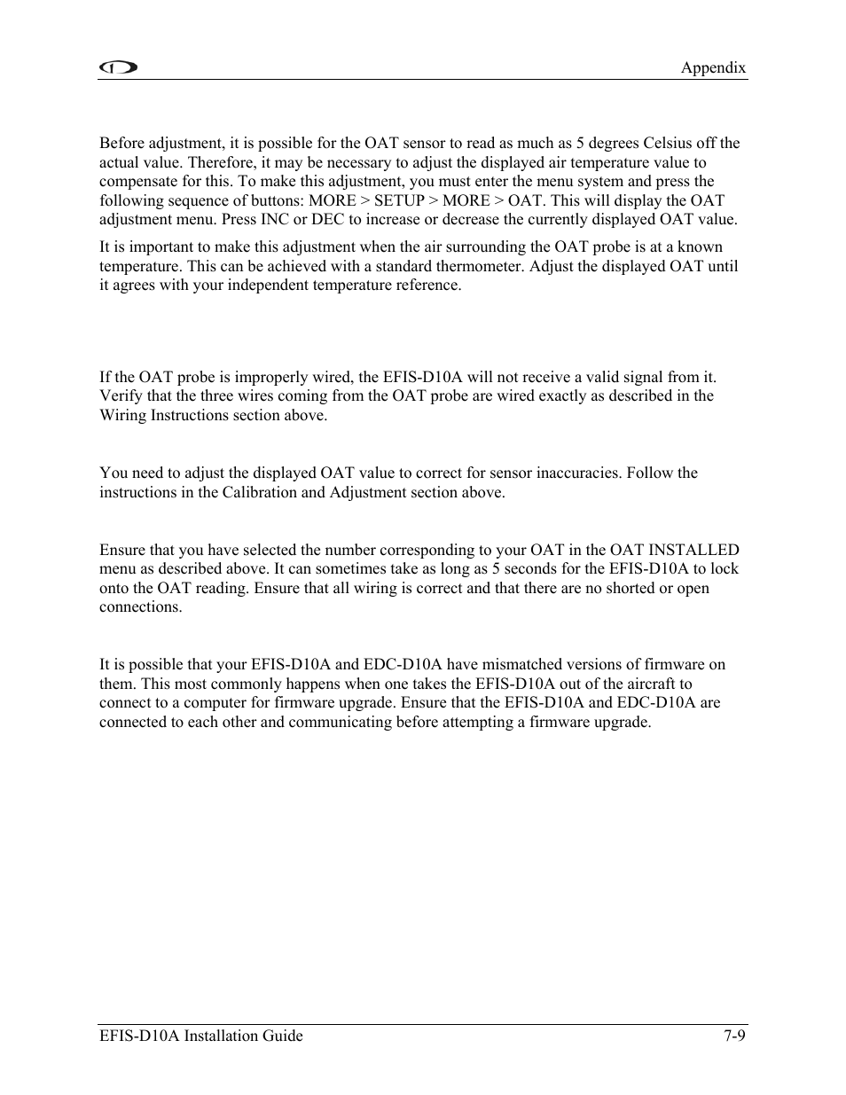 Calibration and adjustment, Troubleshooting, Oat value fluctuates wildly | Oat value is consistently high/low, Oat display area states oat not found, Other strange behavior by oat reading | Dynon Avionics EFIS-D10A Installation Guide User Manual | Page 81 / 108