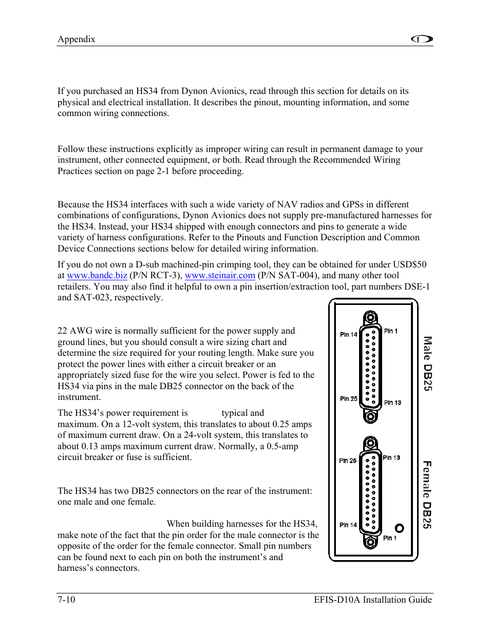 Appendix c: hs34 installation and configuration, Wiring, Harness construction | Power requirements, Connector description | Dynon Avionics EFIS-D10A Installation Guide User Manual | Page 82 / 108